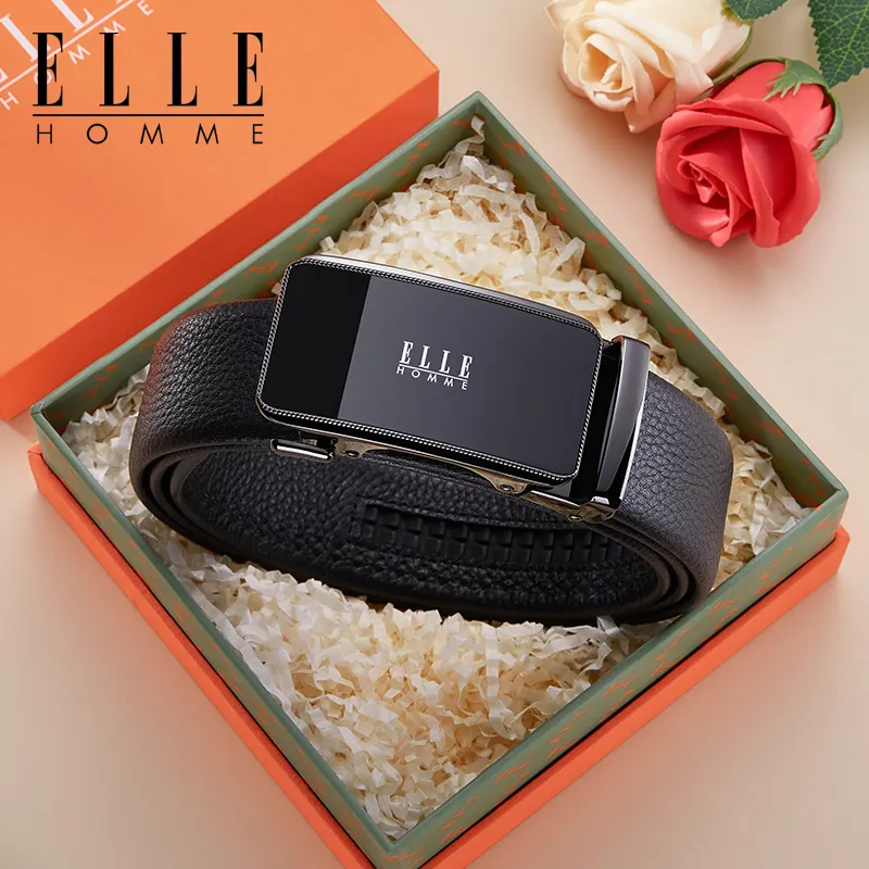 ELLE HOMME Top Grain Cow Leather Belts Men's Gunmetal, Gold Width 3.5cm-3