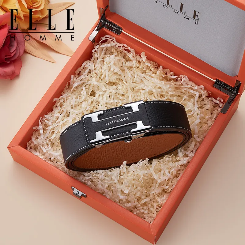 ELLE HOMME Cow Leather Students Belt Men's Silver Gold Width 3.5cm-15