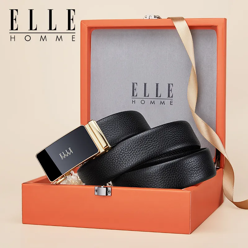 ELLE HOMME Top Grain Cow Leather Premium Elegance Comfortable Belt Men's Gunmetal, Gold Width 3.5cm-9
