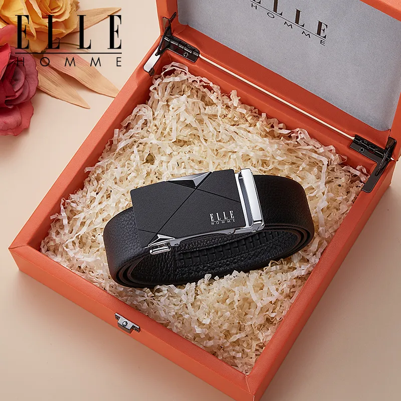 ELLE HOMME Top Grain Cow Leather Business Workplace Etiquette Elegance Belt Men's Gunmetal Width 3.5CM-17