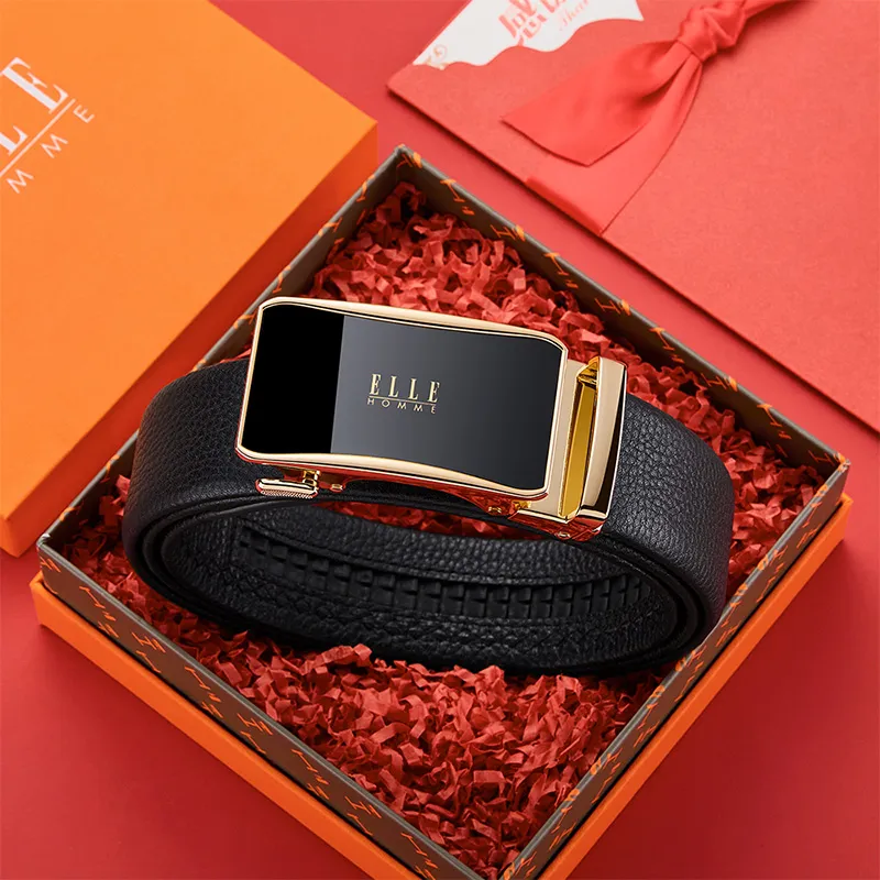 ELLE HOMME Top Grain Cow Leather Fashion Casual Versatile Belt, Trendy Students Belt Men's Gunmetal Silver Gold 3.5cm-13