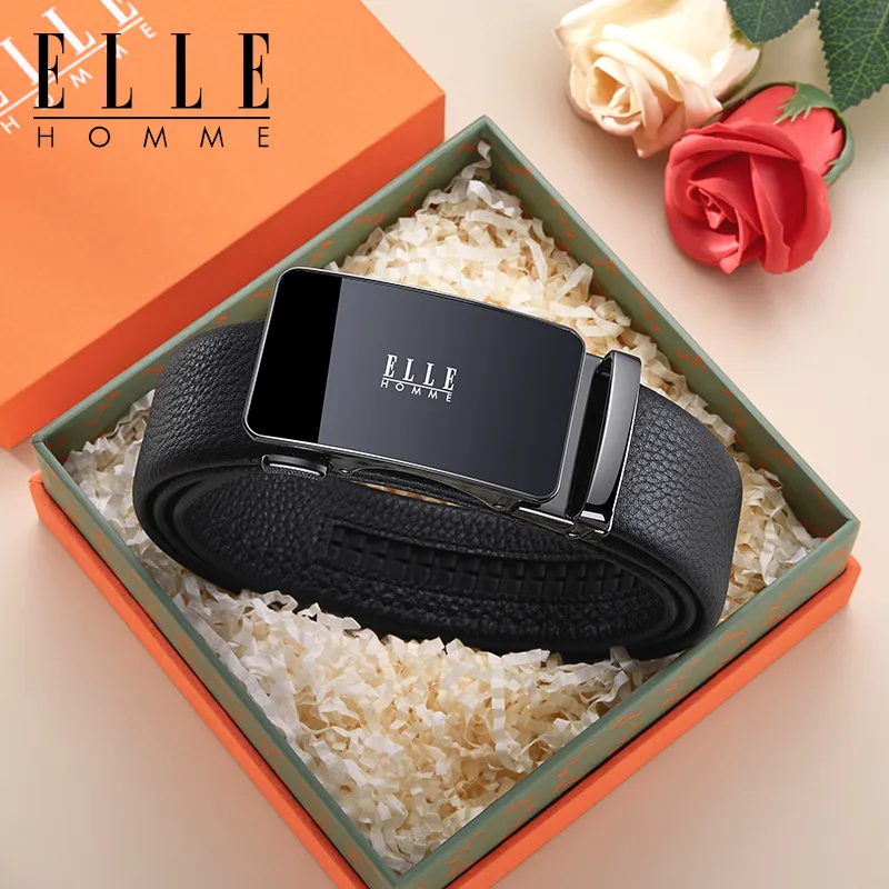 ELLE HOMME Top Grain Cow Leather Premium Elegance Comfortable Belt Men's Gunmetal, Gold Width 3.5cm-1