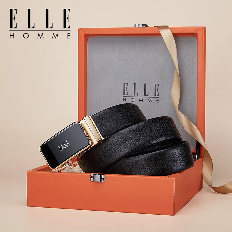 ELLE HOMME Top Grain Cow Leather Belts Men's Gunmetal Gold Silver 3.5cm-11