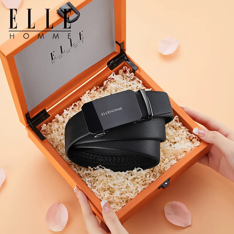 ELLE HOMME Top Grain Cow Leather Fashion Trend Premium Waist Belt Men's Gunmetal 3.5cm-3