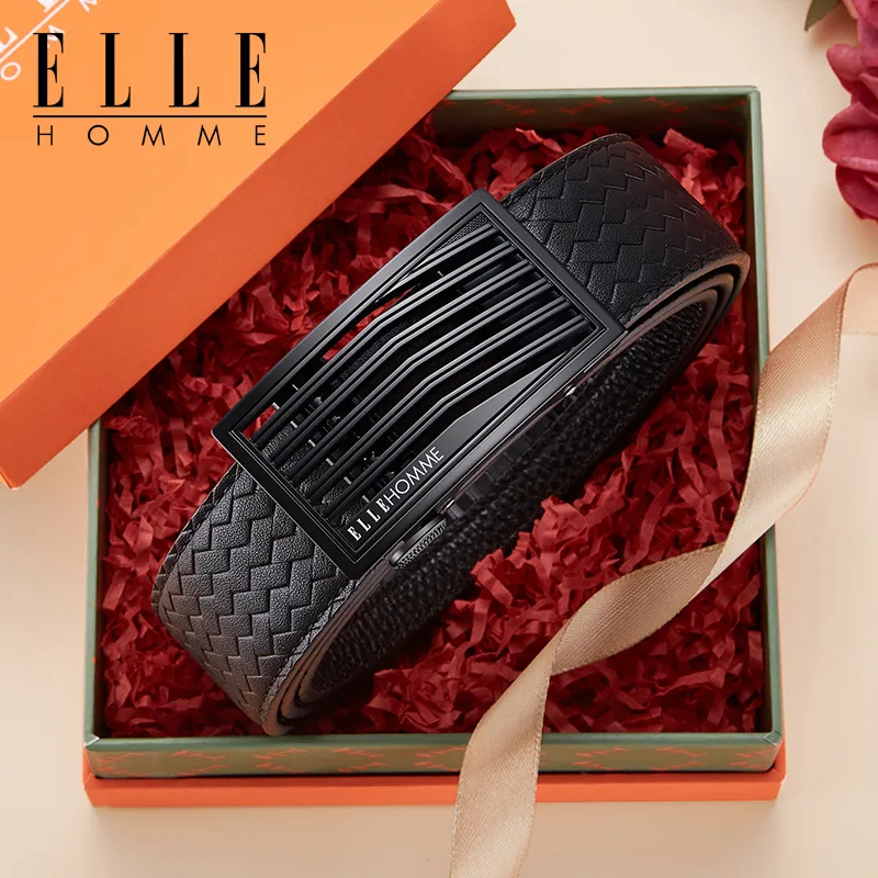ELLE HOMME Cow Leather Premium Thank You Belt, Premium Gift Box Set Men's Gunmetal Width 3.5cm-1