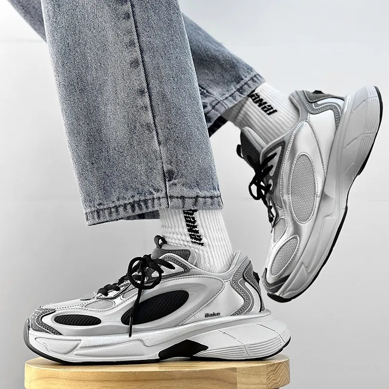 BAKE Shock Absorbers Slip Resistant Breathable Low Top Chunky Sneakers Unisex Black Hole Silver-3