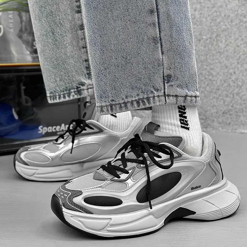 BAKE Shock Absorbers Slip Resistant Breathable Low Top Chunky Sneakers Unisex Black Hole Silver-1