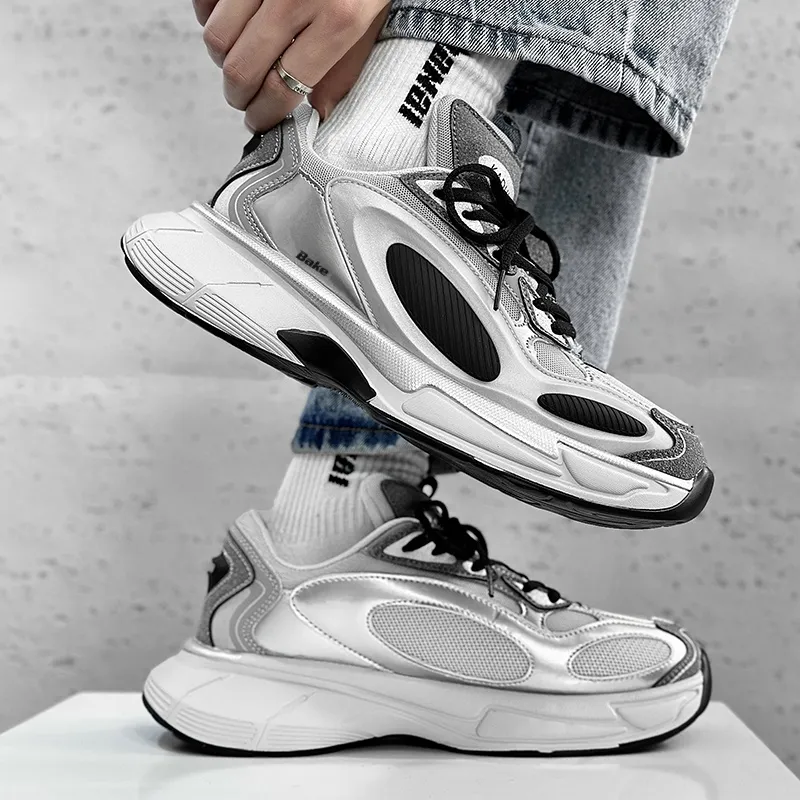 BAKE Shock Absorbers Slip Resistant Breathable Low Top Chunky Sneakers Unisex Black Hole Silver-2