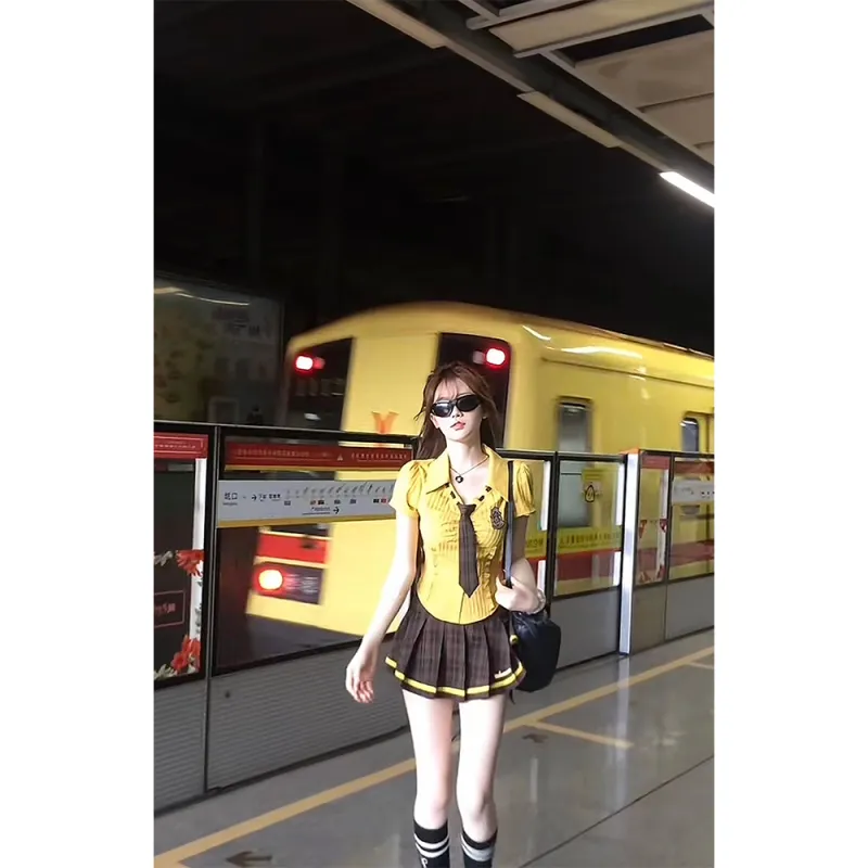 Nathania Two Piece Skirt Sets Women's Yellow Short Sleeved Shirt+Pleated Skirt With Badge Tie-2