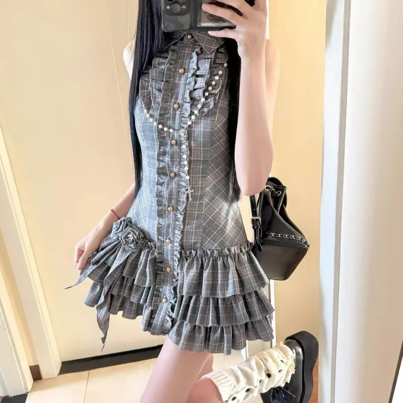 ADXKM Sleeveless Dresses Women's Gray Pink Plaid Skirt-2