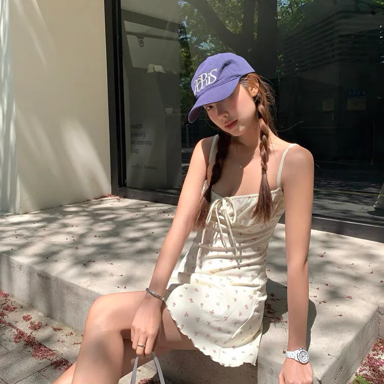 ADXKM Slip Dresses Women's Beige With Small Floral Patterns-2