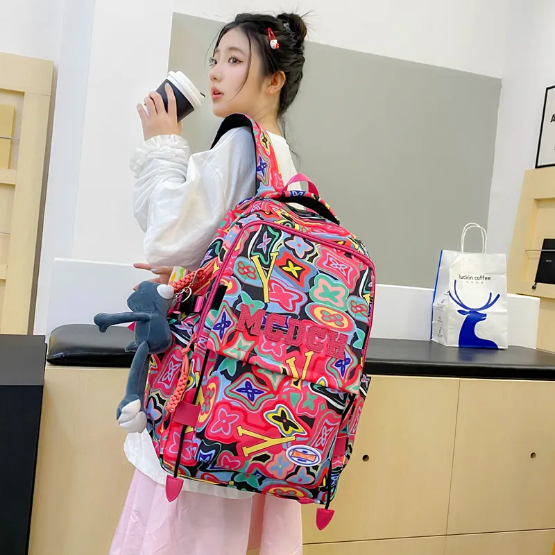 Vack Nylon Backpack Unisex Orange Red/Black/Rose Red/Green-13