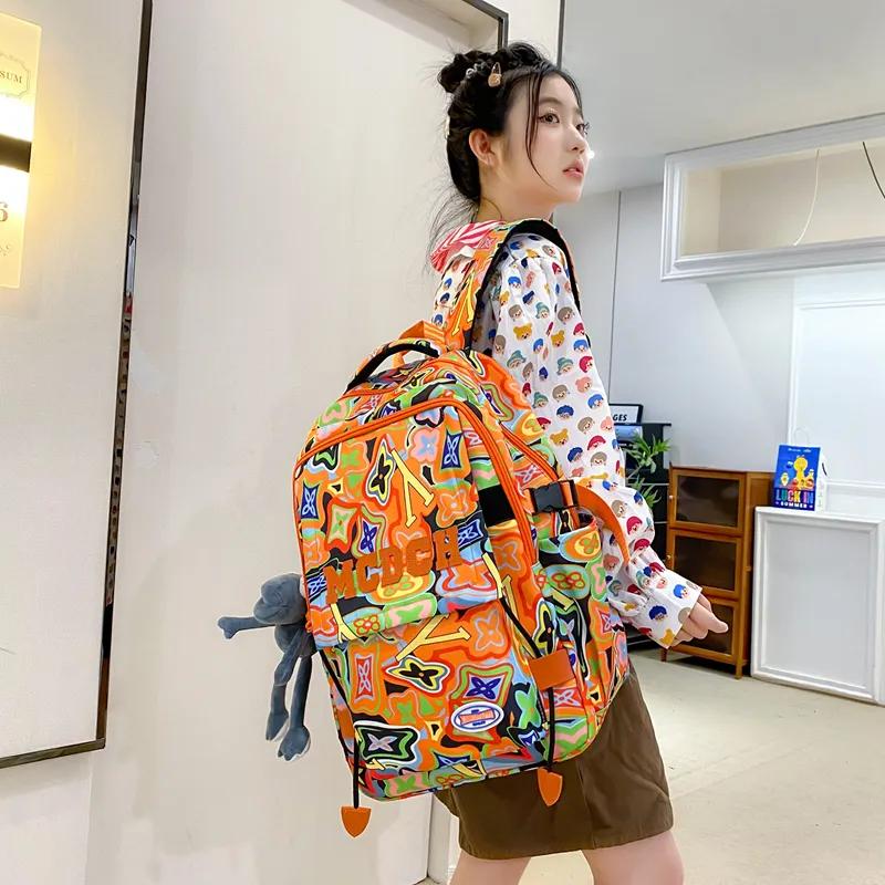 Vack Nylon Backpack Unisex Orange Red/Black/Rose Red/Green-4