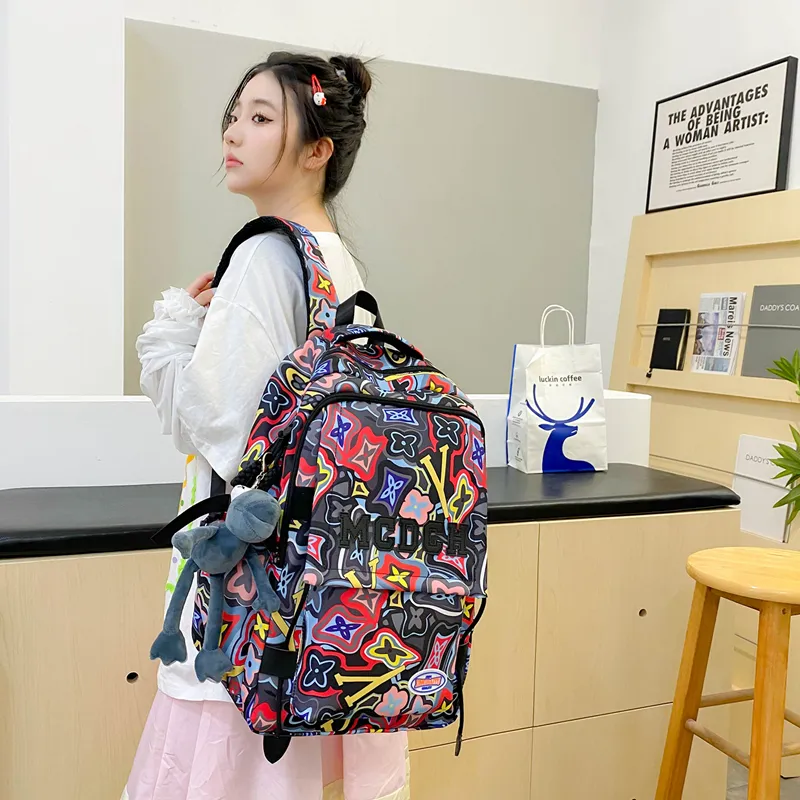 Vack Nylon Backpack Unisex Orange Red/Black/Rose Red/Green-8