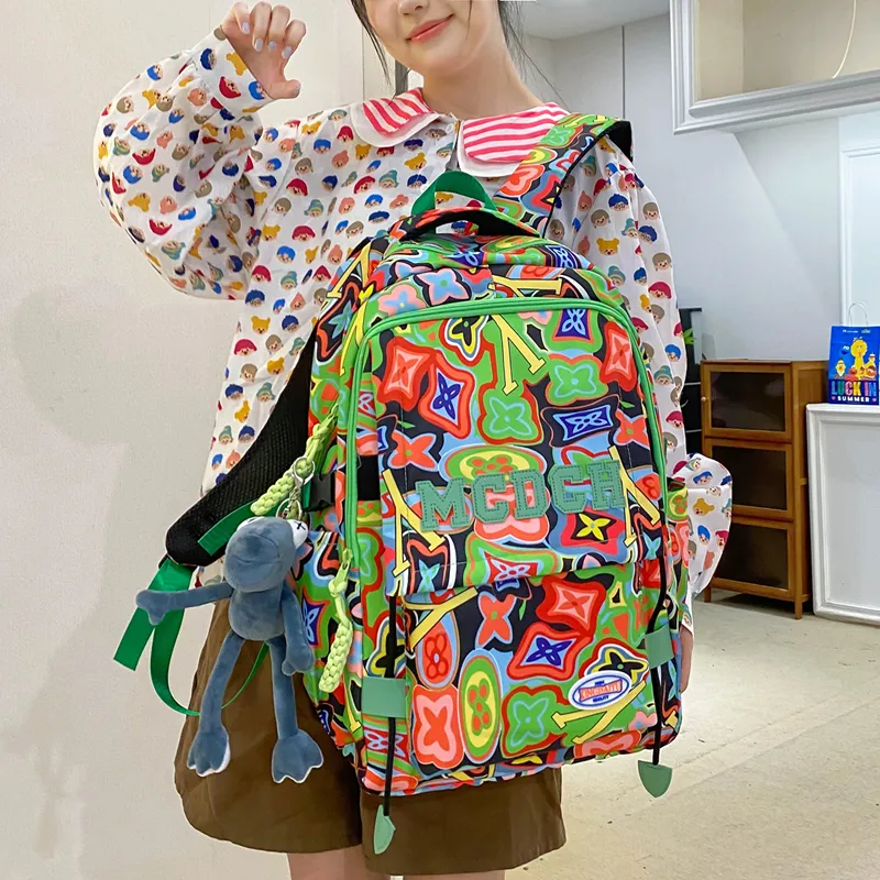 Vack Nylon Backpack Unisex Orange Red/Black/Rose Red/Green-17