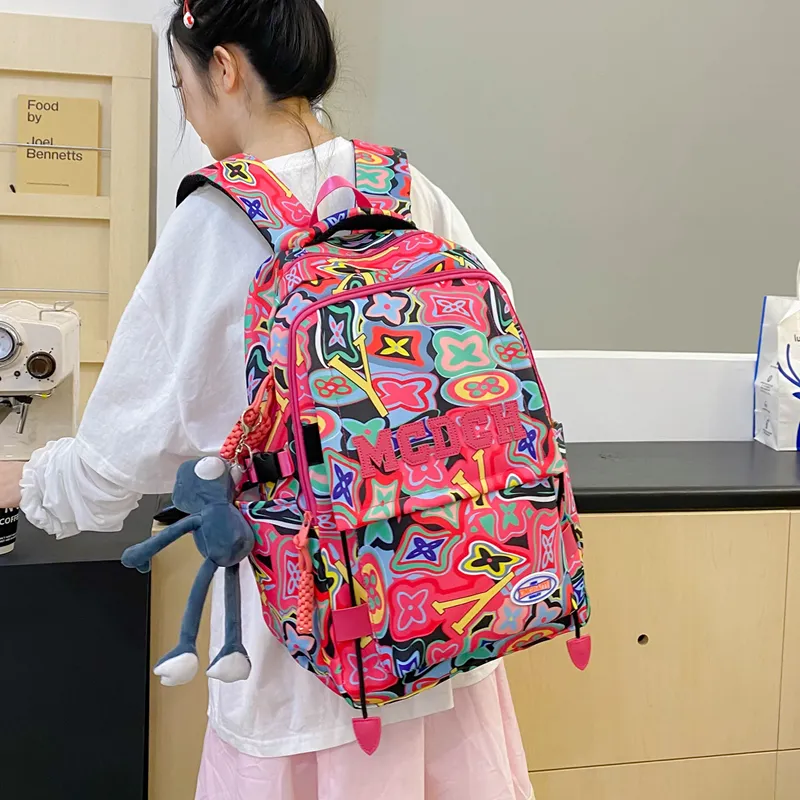 Vack Nylon Backpack Unisex Orange Red/Black/Rose Red/Green-12