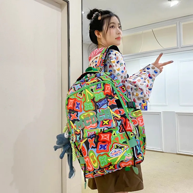 Vack Nylon Backpack Unisex Orange Red/Black/Rose Red/Green-19