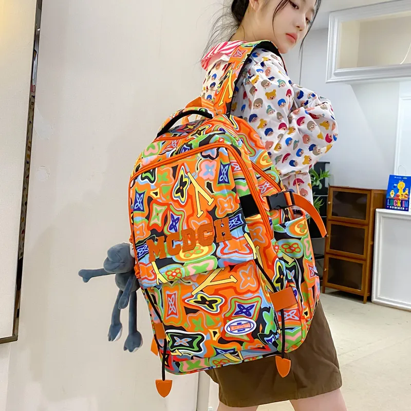 Vack Nylon Backpack Unisex Orange Red/Black/Rose Red/Green-5