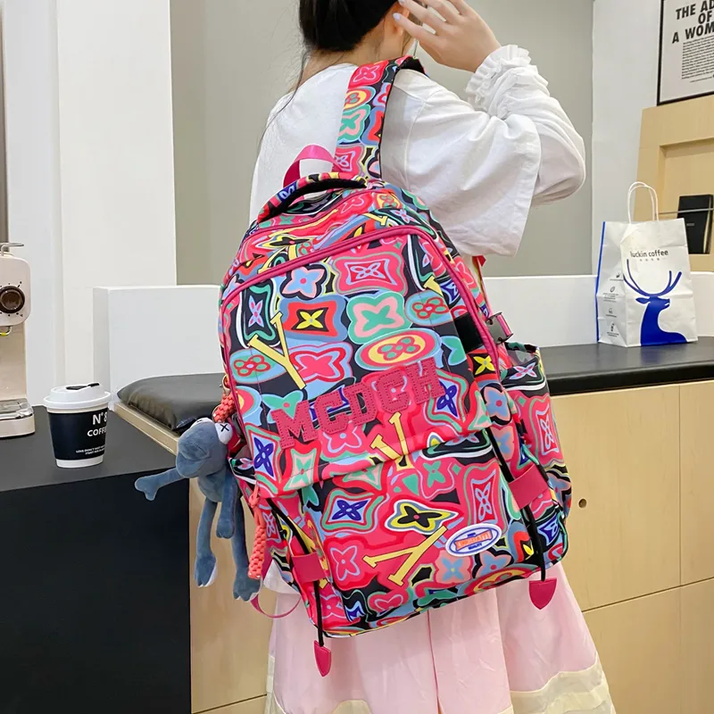 Vack Nylon Backpack Unisex Orange Red/Black/Rose Red/Green-15