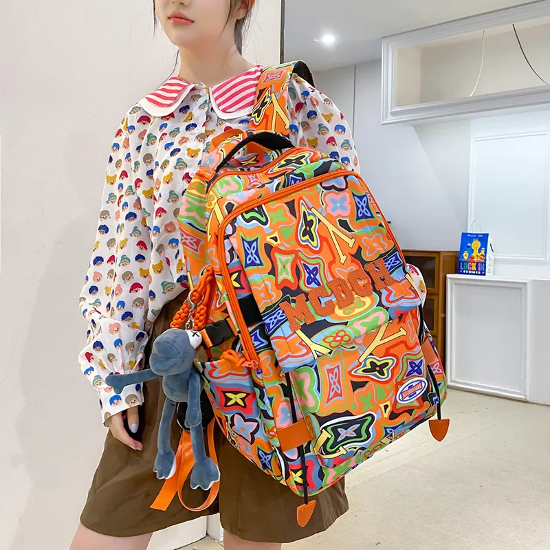 Vack Nylon Backpack Unisex Orange Red/Black/Rose Red/Green-3