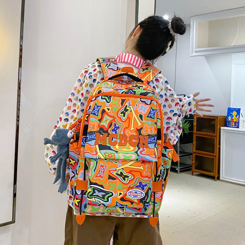 Vack Nylon Backpack Unisex Orange Red/Black/Rose Red/Green-1