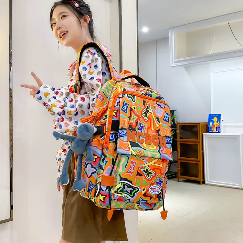 Vack Nylon Backpack Unisex Orange Red/Black/Rose Red/Green-2