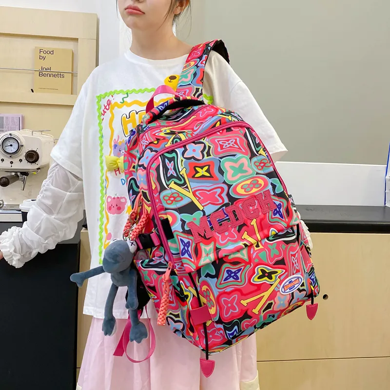 Vack Nylon Backpack Unisex Orange Red/Black/Rose Red/Green-14