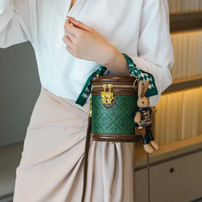 North Pack PU Cylinder Bag, Shoulder Bag, Crossbody Bag, Handbag Women's Green-1