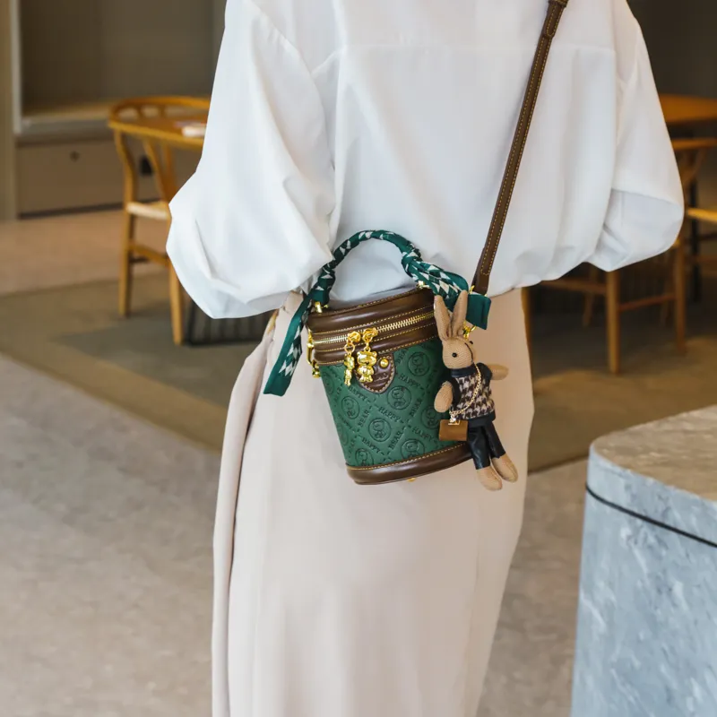 North Pack PU Cylinder Bag, Shoulder Bag, Crossbody Bag, Handbag Women's Green-3
