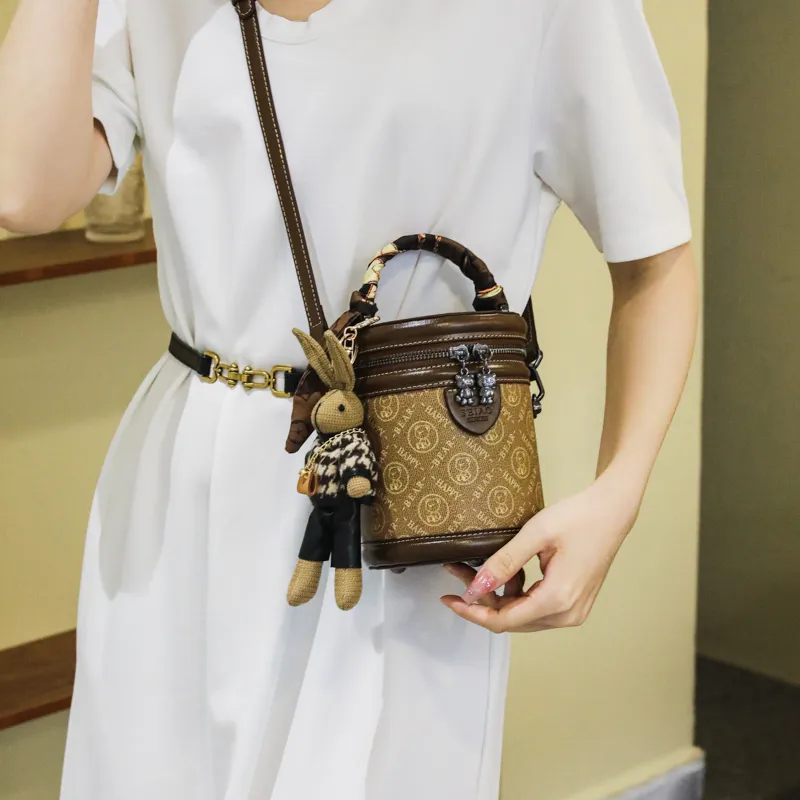 North Pack PU Cylinder Bag, Shoulder Bag, Crossbody Bag, Handbag Women's Brown-3