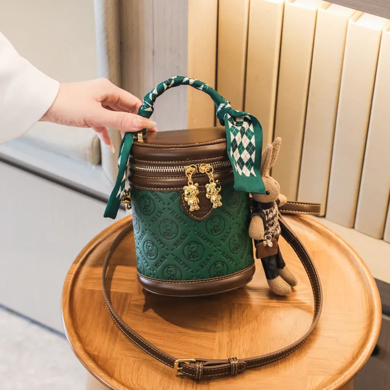 North Pack PU Cylinder Bag, Shoulder Bag, Crossbody Bag, Handbag Women's Green-2
