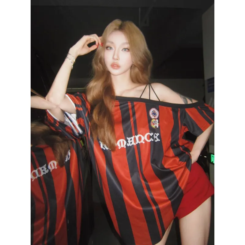 SLEEP AT 11 T Shirts Women's Red Black Stripes-4