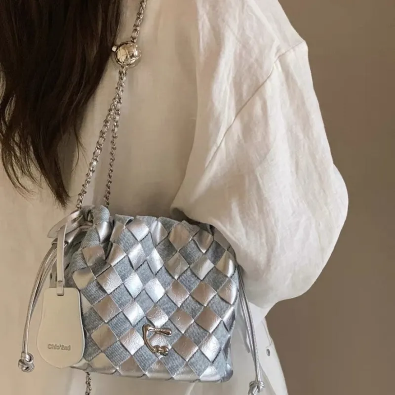 OTA PU Bucket Bag, Shoulder Bag, Crossbody Bag Women's Silver-1