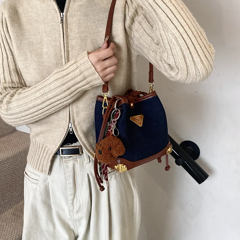 OTA PU Panel Denim Bucket Bags Shoulder Bags Regular Women's Royal Blue-4