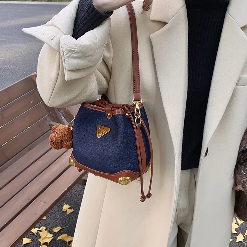 OTA PU Panel Denim Bucket Bags Shoulder Bags Regular Women's Royal Blue-6
