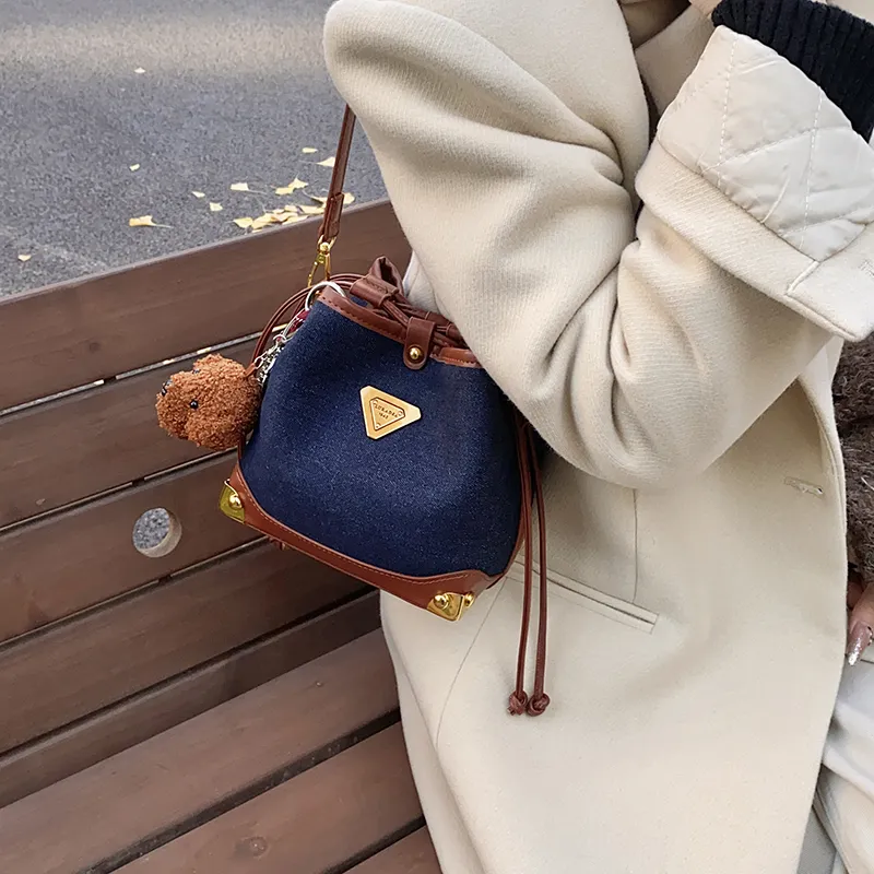 OTA PU Panel Denim Bucket Bags Shoulder Bags Regular Women's Royal Blue-5