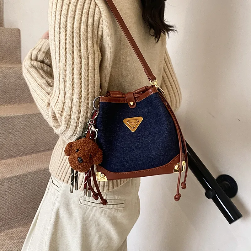 OTA PU Panel Denim Bucket Bags Shoulder Bags Regular Women's Royal Blue-2