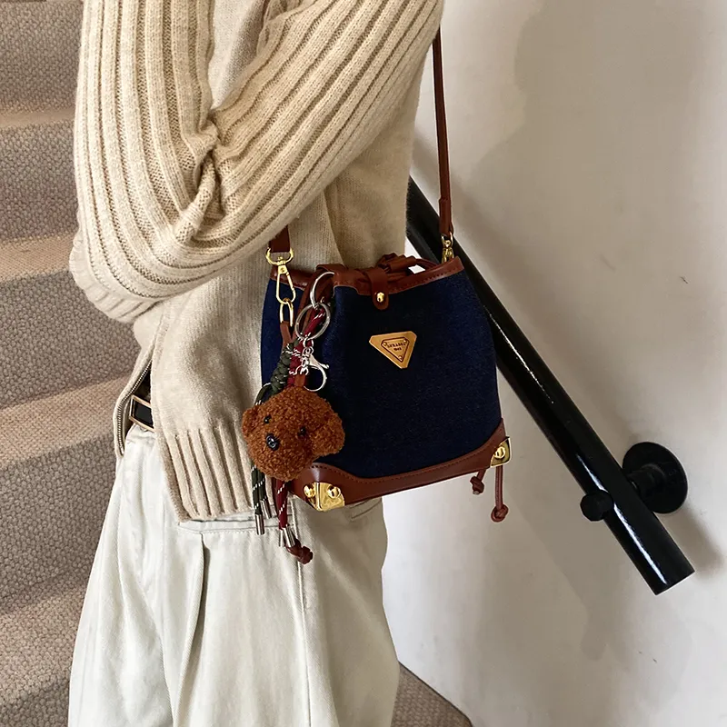 OTA PU Panel Denim Bucket Bags Shoulder Bags Regular Women's Royal Blue-1