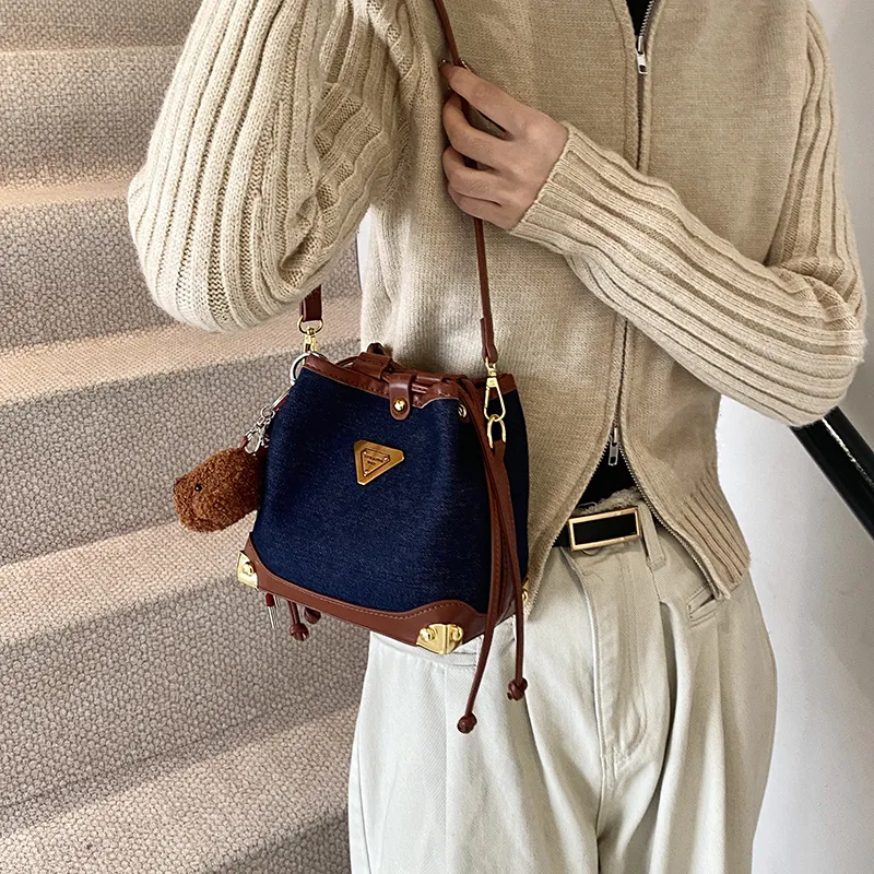 OTA PU Panel Denim Bucket Bags Shoulder Bags Regular Women's Royal Blue-3