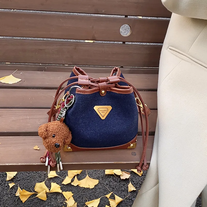 OTA PU Panel Denim Bucket Bags Shoulder Bags Regular Women's Royal Blue-7