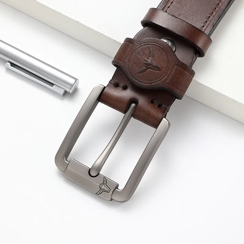POLOMEISDO Top Grain Cow Leather Pin Buckle Belt, Casual And Trendy Men's Practical Box, Width 3.8cm-5
