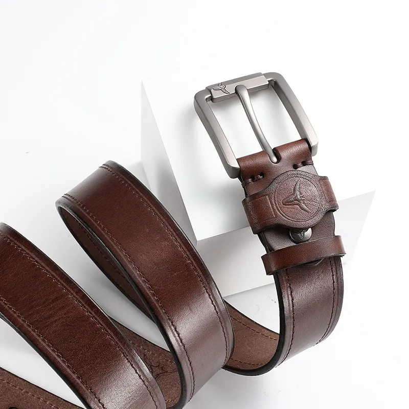 POLOMEISDO Top Grain Cow Leather Pin Buckle Belt, Casual And Trendy Men's Practical Box, Width 3.8cm-4