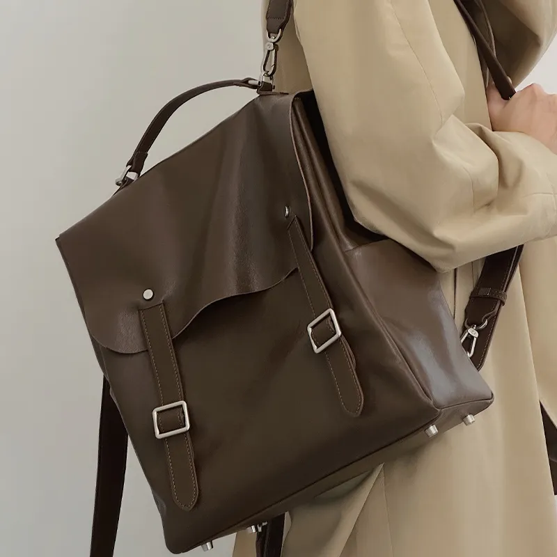 JPJ Top Grain Vegetable Tanned Cow Leather Handbag, Backpack Large Size Women's Chocolate-2