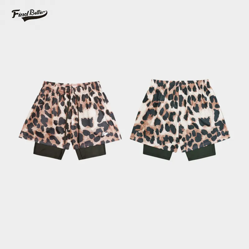 FINDBETTER Leopard Print Double Layer Shorts Unisex-3