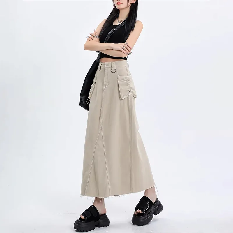 ZAVK Denim Long Skirts Women's Khaki-1