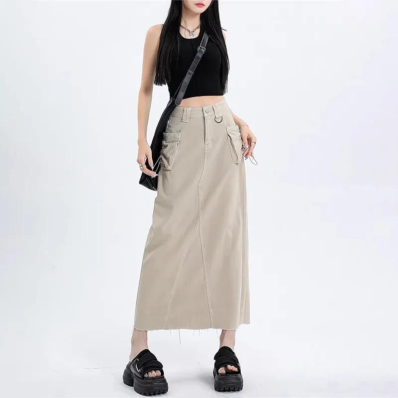 ZAVK Denim Long Skirts Women's Khaki-5