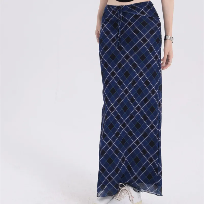 ZAVK Casual Long Skirts Women's Dark Blue Plaid-5