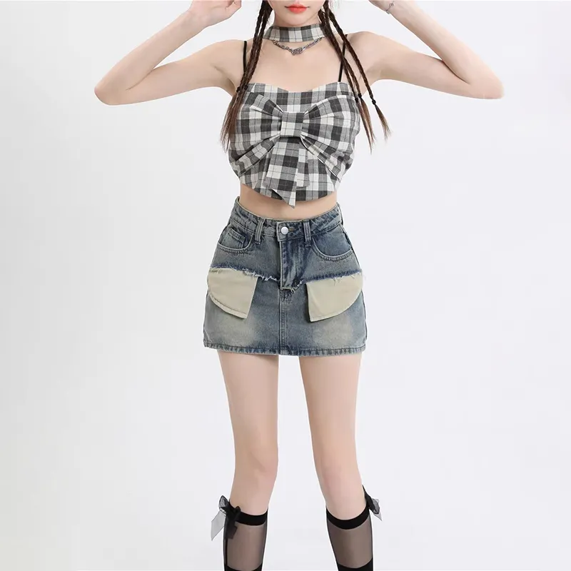 ZAVK Denim Short Skirts Women's Vintage Light Blue-5