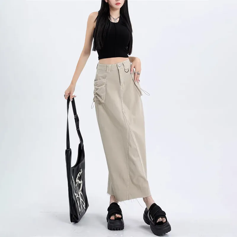ZAVK Denim Long Skirts Women's Khaki-2