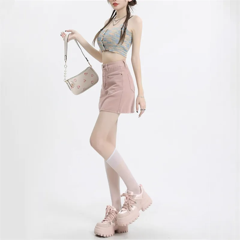 ZAVK Denim Short Skirts Women's Pink-6